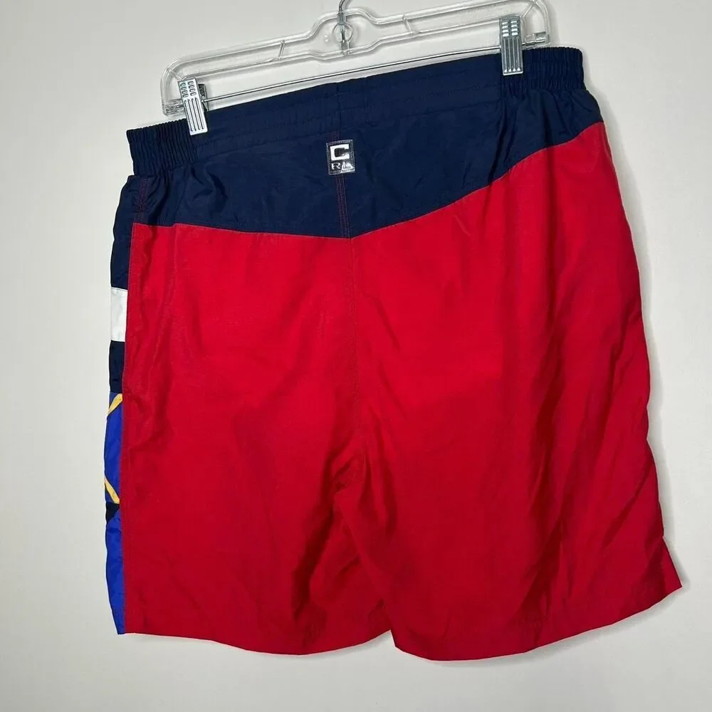 Vintage Ralph Lauren Chaps red swim trunks with navy blue, yellow, and white